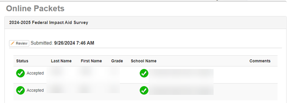 An image of ParentVUE showing the green checkmarks for completed forms.