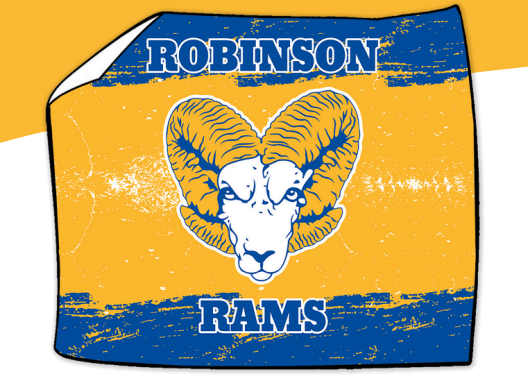 A blue and gold blanket with the words "Robinson Rams" and the ram head logo